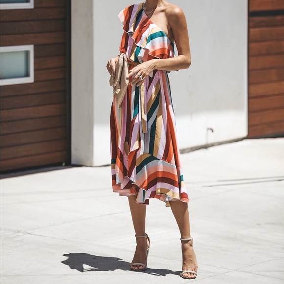 Vici Dresses & Skirts - VICI One Shoulder Ruffle Rainbow Midi Dress small